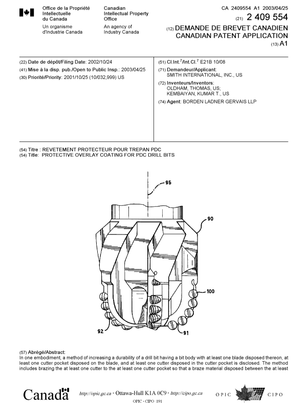 Document de brevet canadien 2409554. Page couverture 20021228. Image 1 de 2
