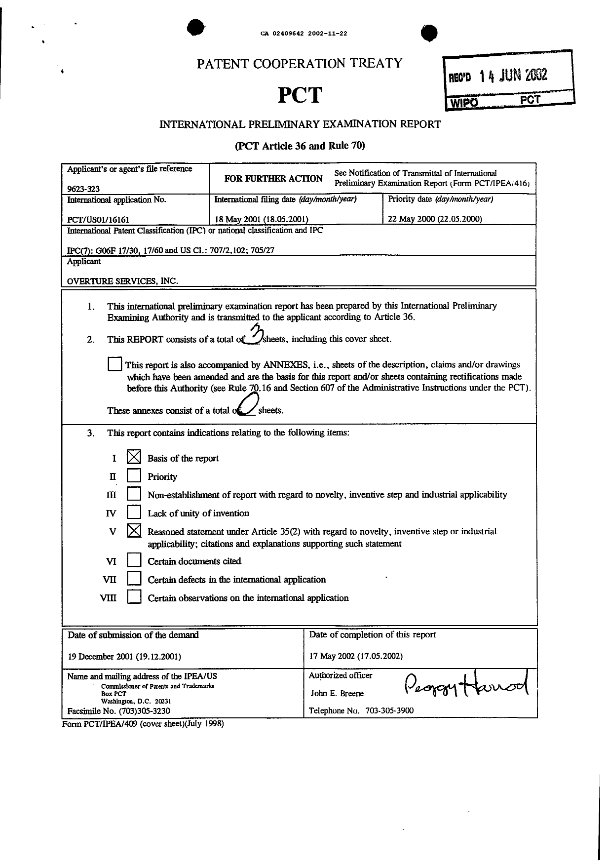 Document de brevet canadien 2409642. PCT 20021122. Image 1 de 3
