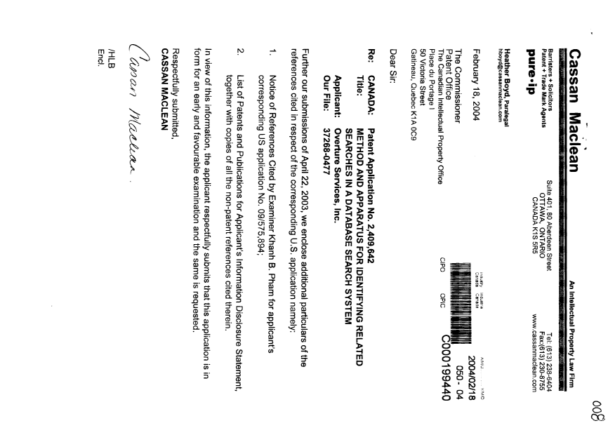 Document de brevet canadien 2409642. Poursuite-Amendment 20040218. Image 1 de 1