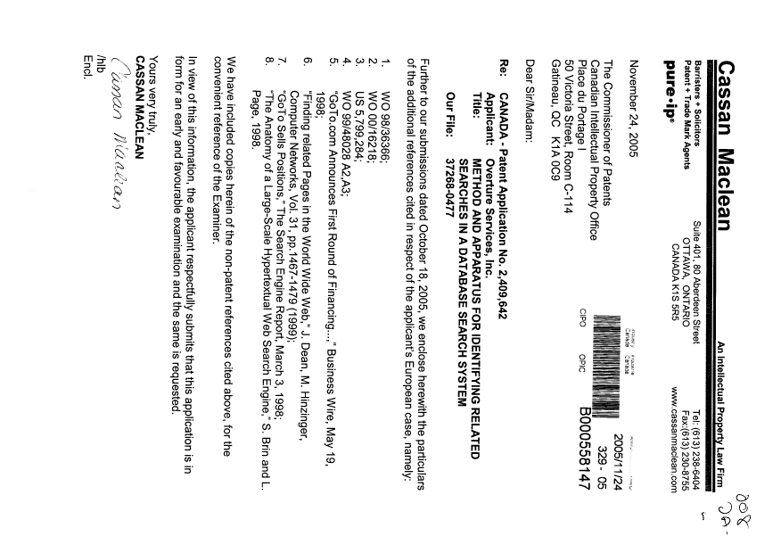 Document de brevet canadien 2409642. Poursuite-Amendment 20051124. Image 1 de 1