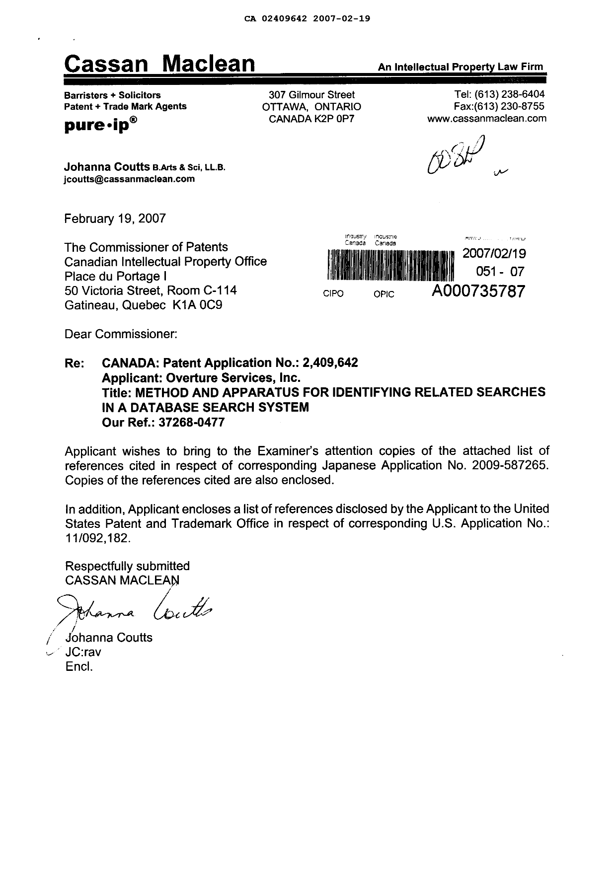 Document de brevet canadien 2409642. Poursuite-Amendment 20070219. Image 1 de 1