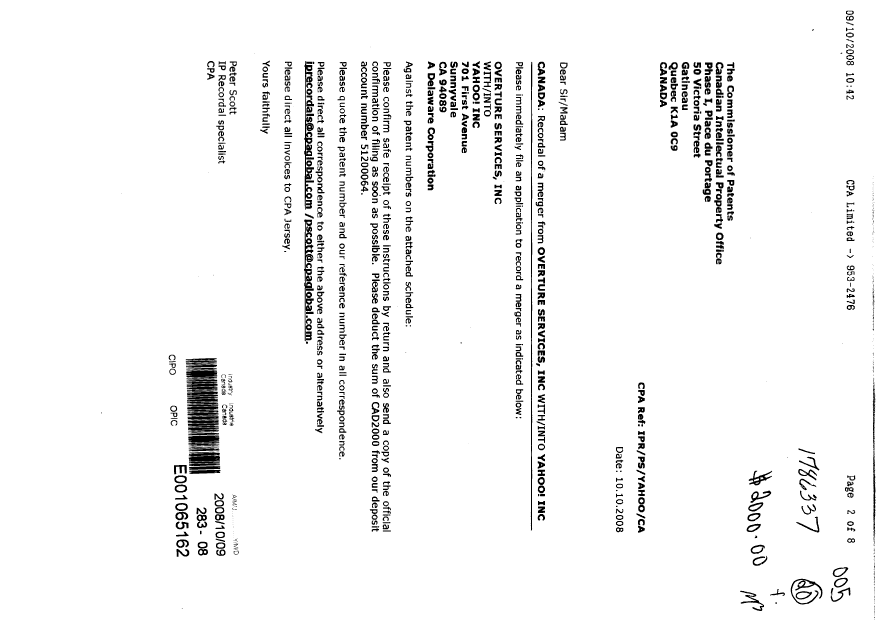 Document de brevet canadien 2409642. Cession 20081009. Image 1 de 8