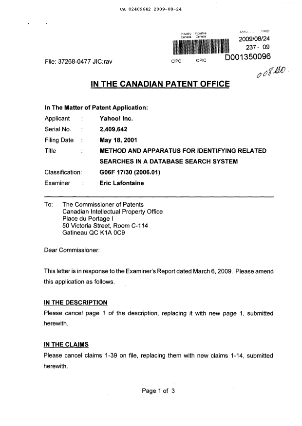 Canadian Patent Document 2409642. Prosecution-Amendment 20090824. Image 1 of 8