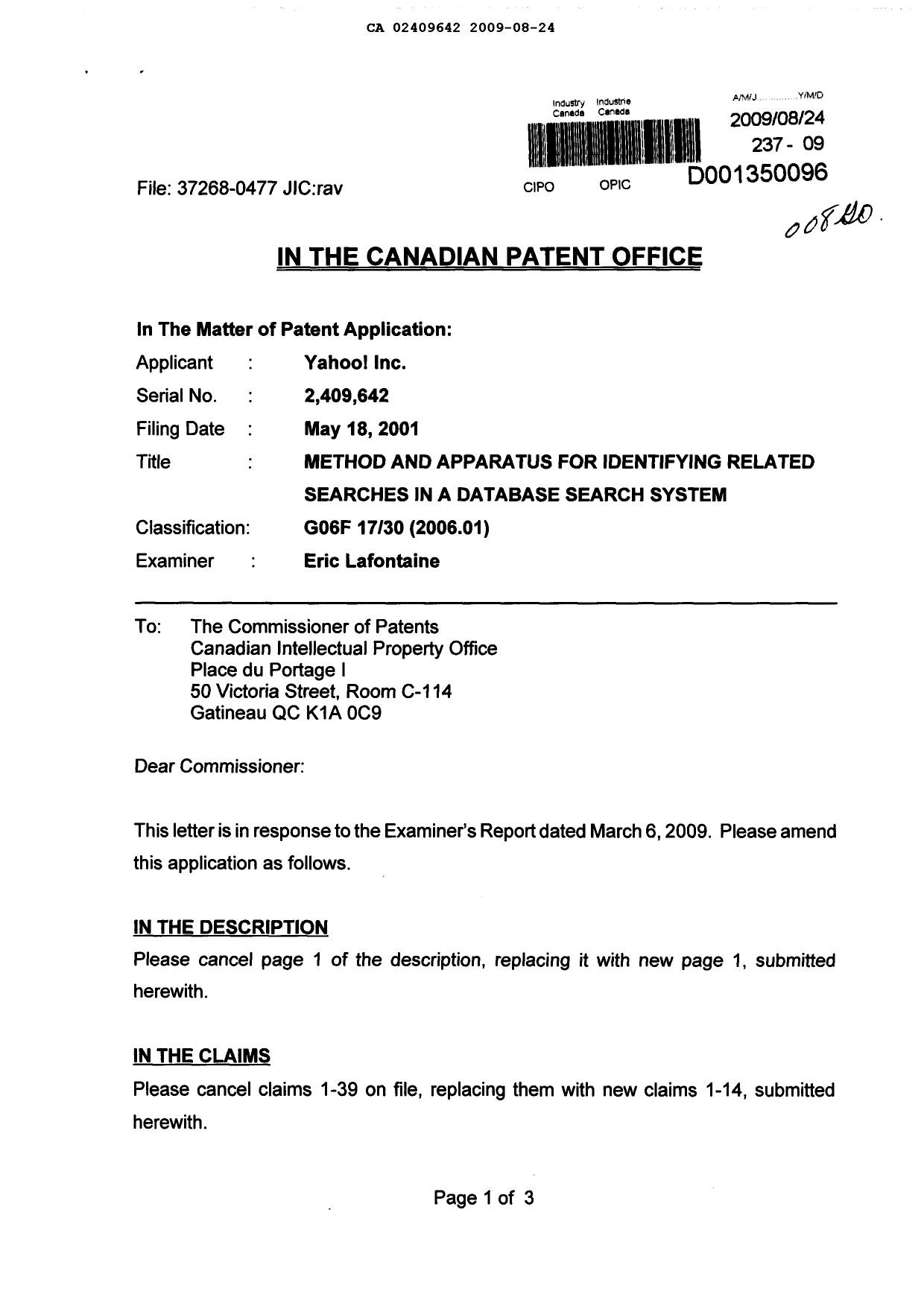 Document de brevet canadien 2409642. Poursuite-Amendment 20090824. Image 1 de 8