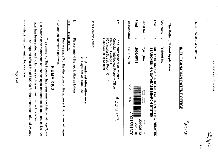 Document de brevet canadien 2409642. Poursuite-Amendment 20100812. Image 1 de 5