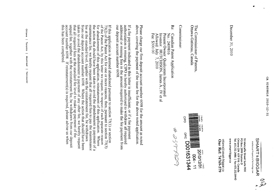 Document de brevet canadien 2409816. Correspondance 20101231. Image 1 de 2