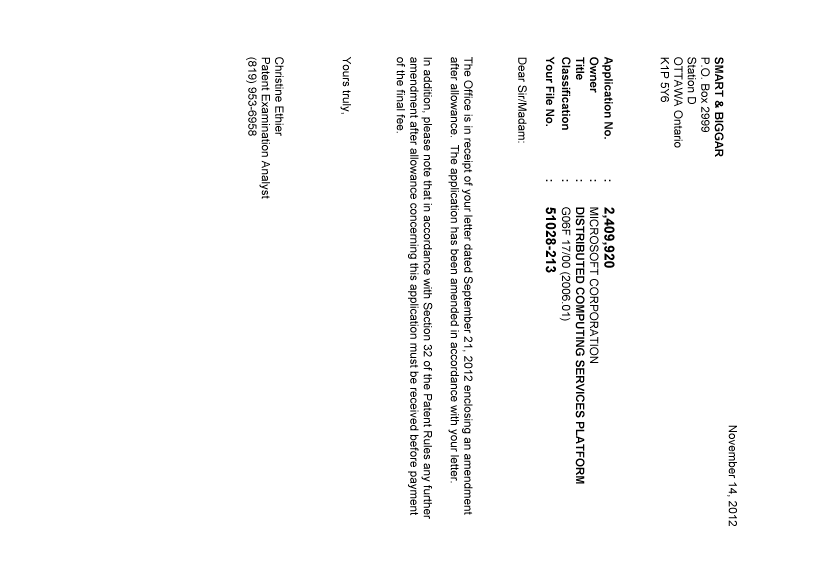 Document de brevet canadien 2409920. Correspondance 20121114. Image 1 de 1