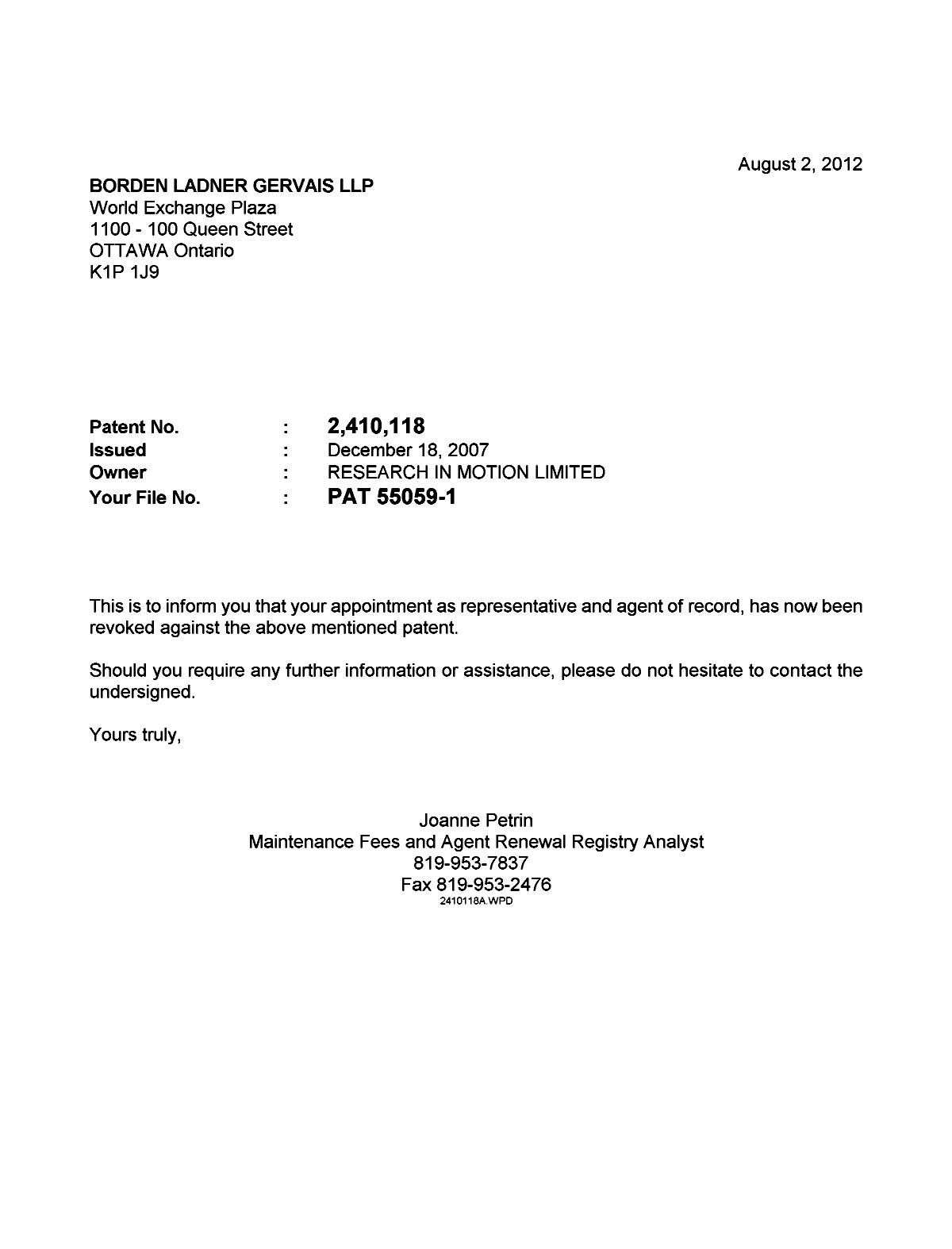 Document de brevet canadien 2410118. Correspondance 20120802. Image 1 de 1