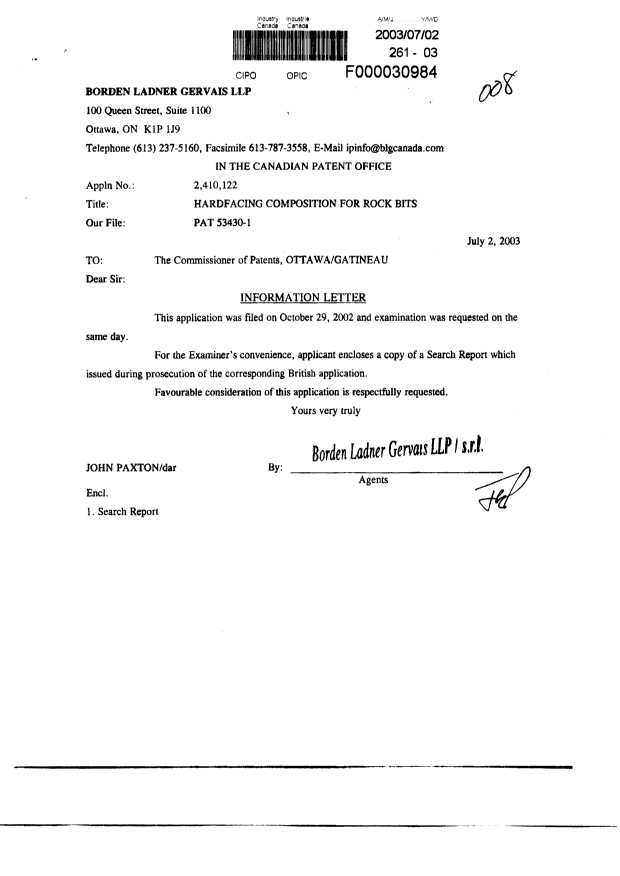 Document de brevet canadien 2410122. Poursuite-Amendment 20030702. Image 1 de 1