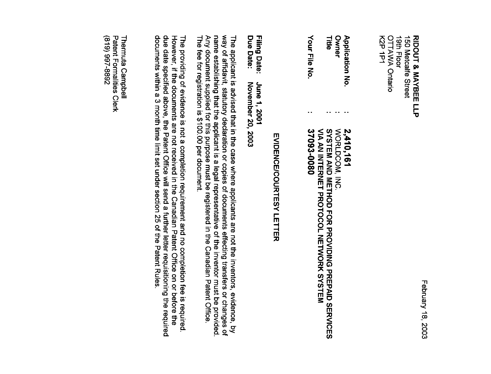 Canadian Patent Document 2410161. Correspondence 20030213. Image 1 of 1