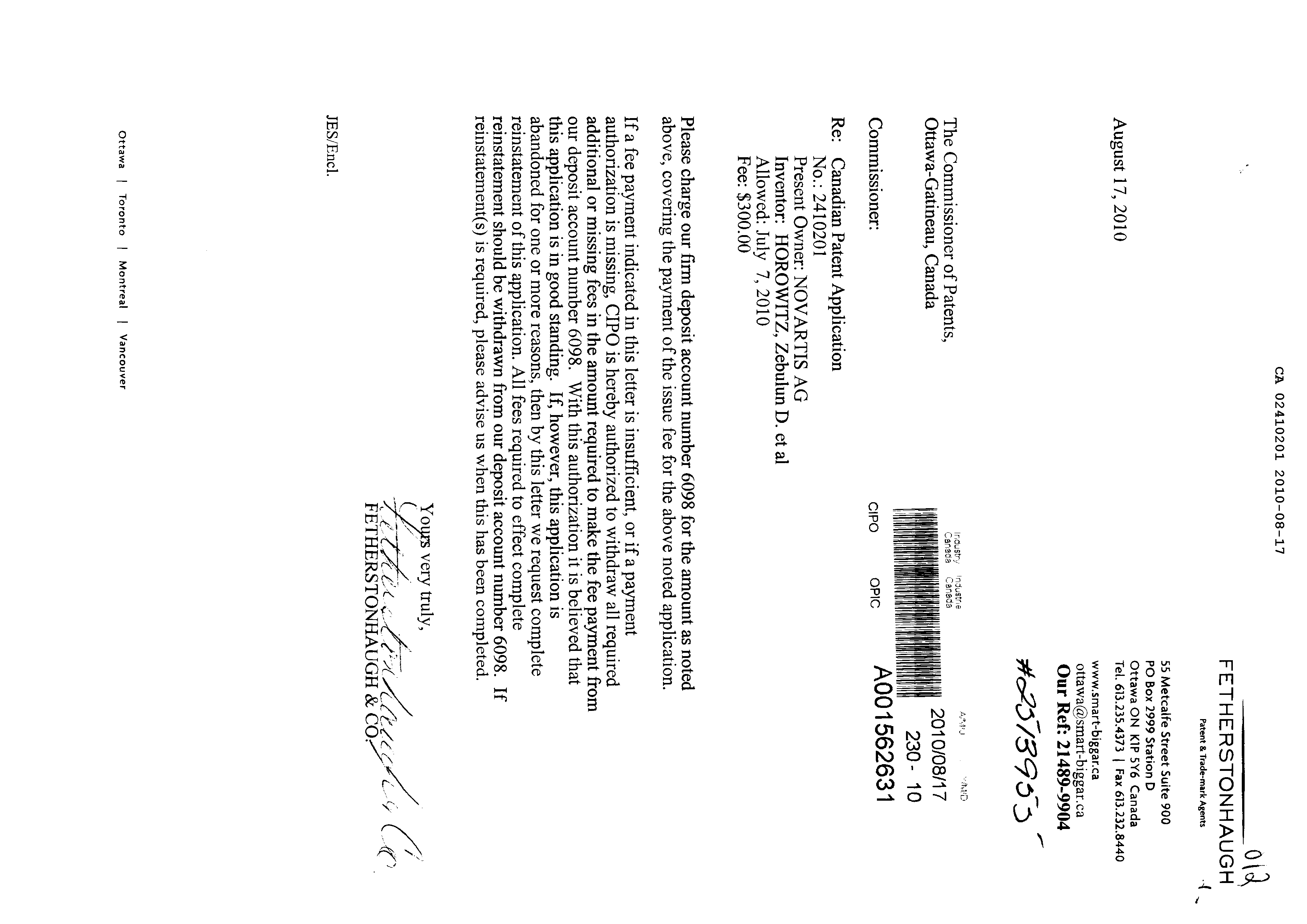 Canadian Patent Document 2410201. Correspondence 20091217. Image 1 of 1