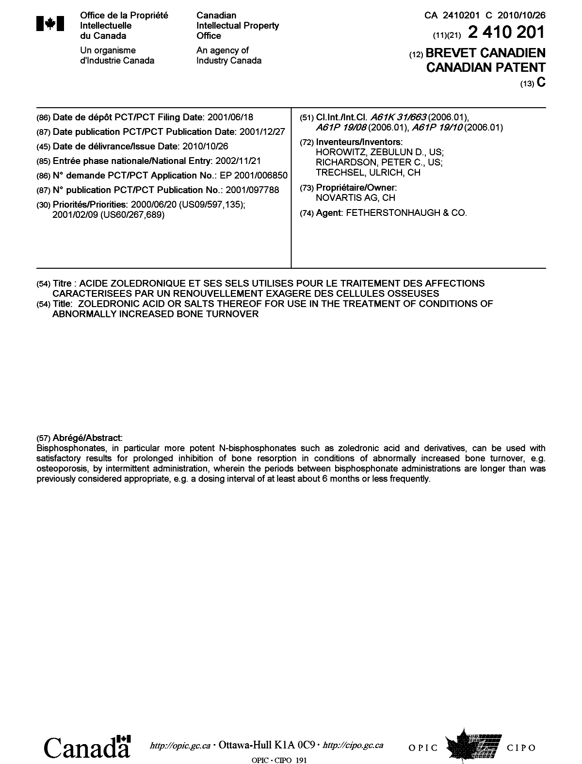 Canadian Patent Document 2410201. Cover Page 20101015. Image 1 of 1