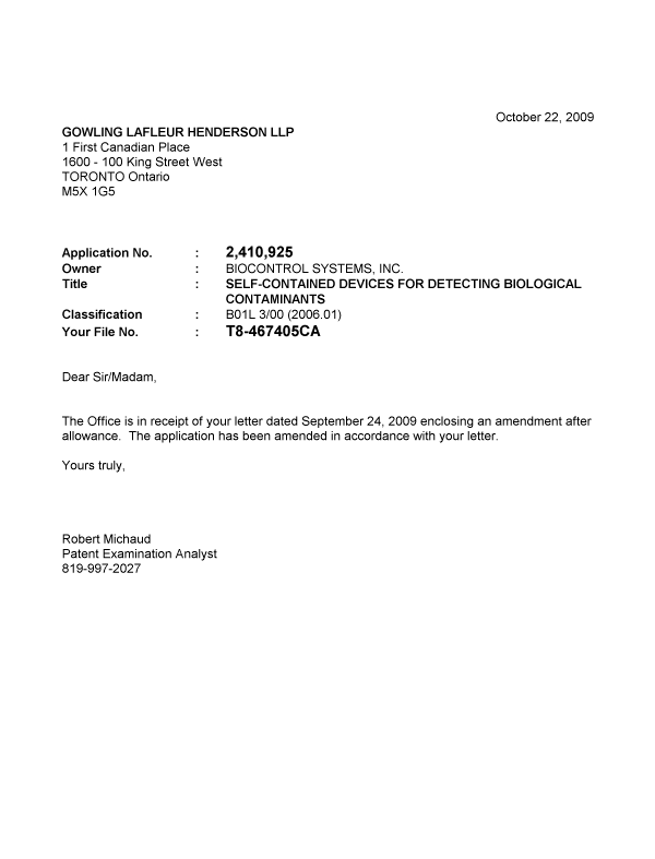 Document de brevet canadien 2410925. Poursuite-Amendment 20091022. Image 1 de 1