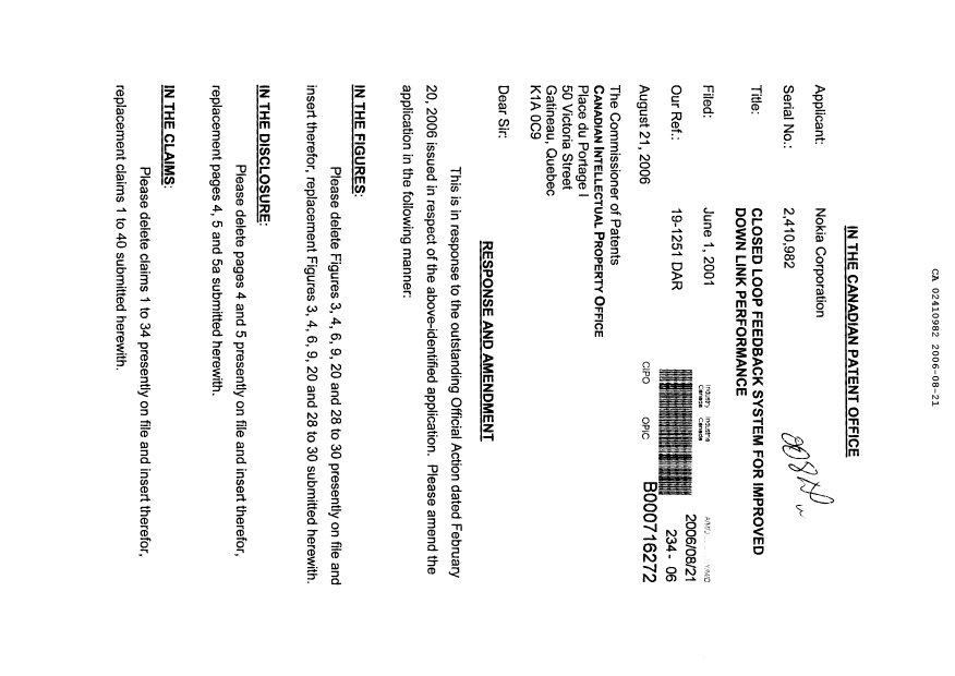 Canadian Patent Document 2410982. Prosecution-Amendment 20060821. Image 1 of 26