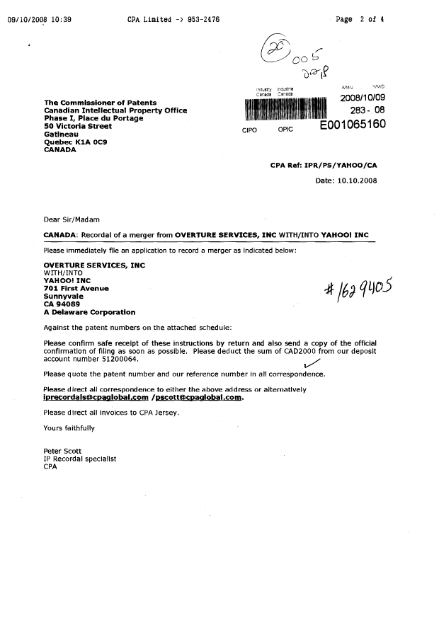 Document de brevet canadien 2411158. Cession 20081009. Image 1 de 4