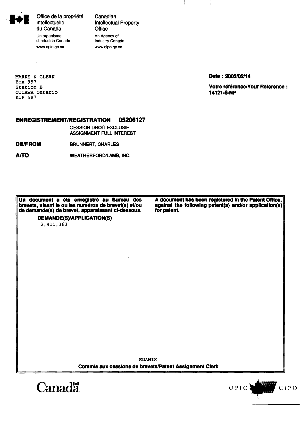 Canadian Patent Document 2411363. Assignment 20030228. Image 2 of 2