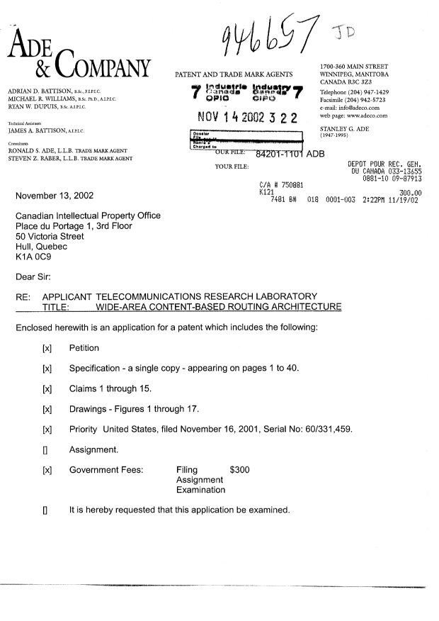 Document de brevet canadien 2411806. Cession 20021114. Image 1 de 3