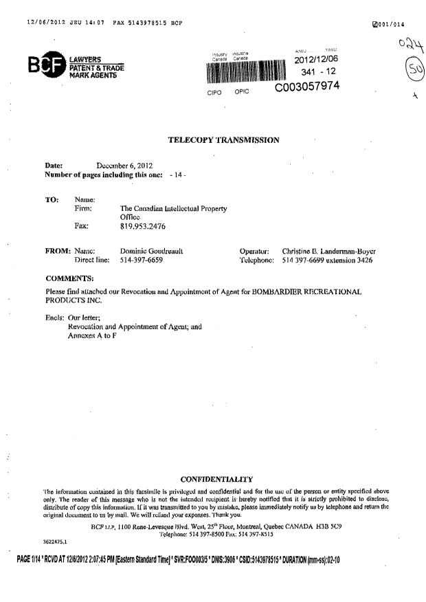Document de brevet canadien 2411964. Correspondance 20121206. Image 1 de 14