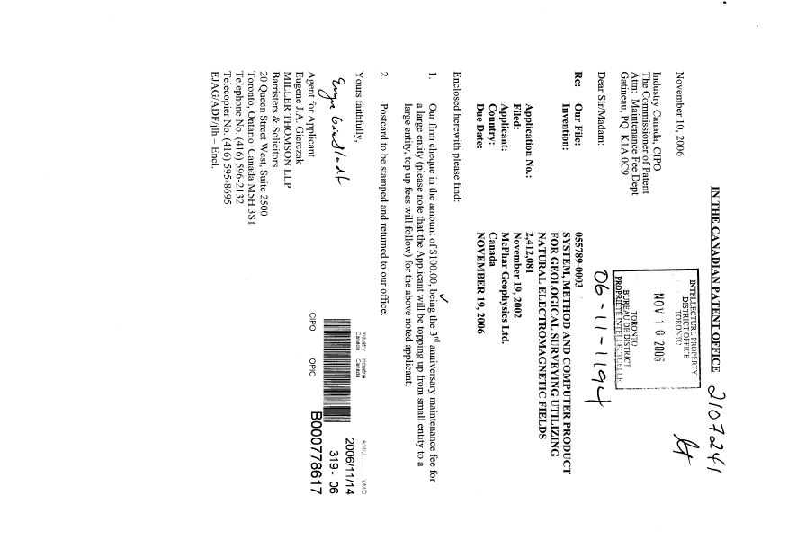 Document de brevet canadien 2412081. Taxes 20061114. Image 1 de 1