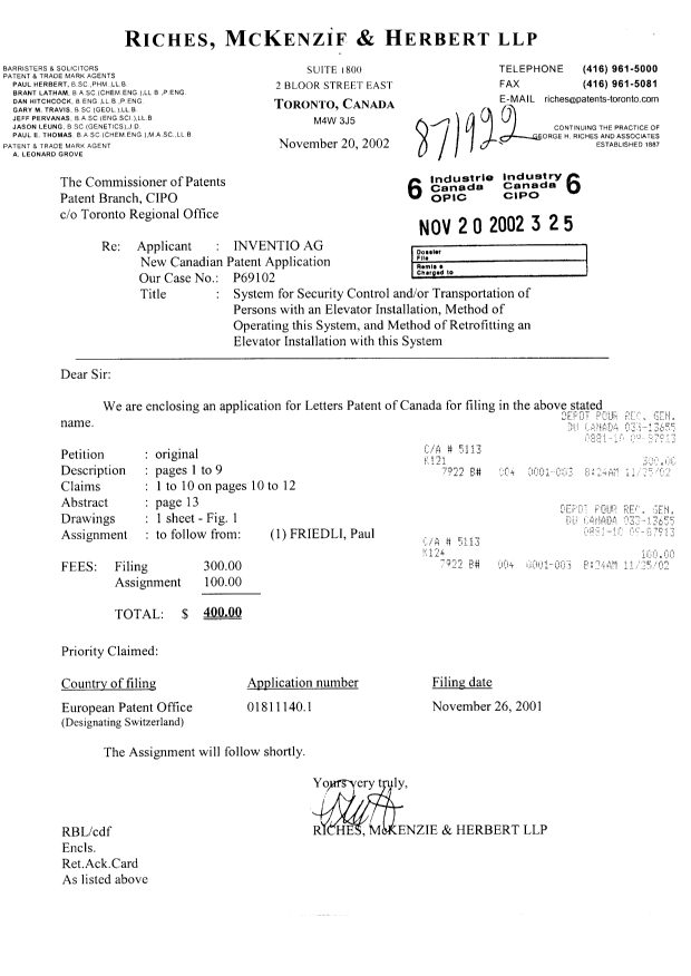Document de brevet canadien 2412196. Cession 20021120. Image 1 de 2