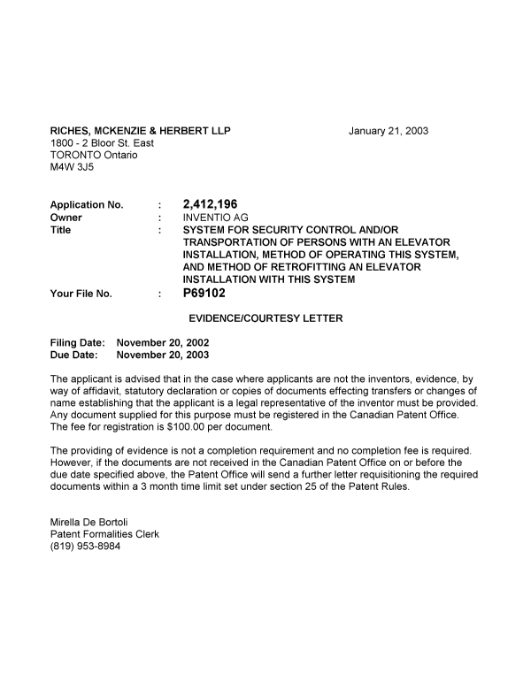 Document de brevet canadien 2412196. Correspondance 20030114. Image 1 de 1