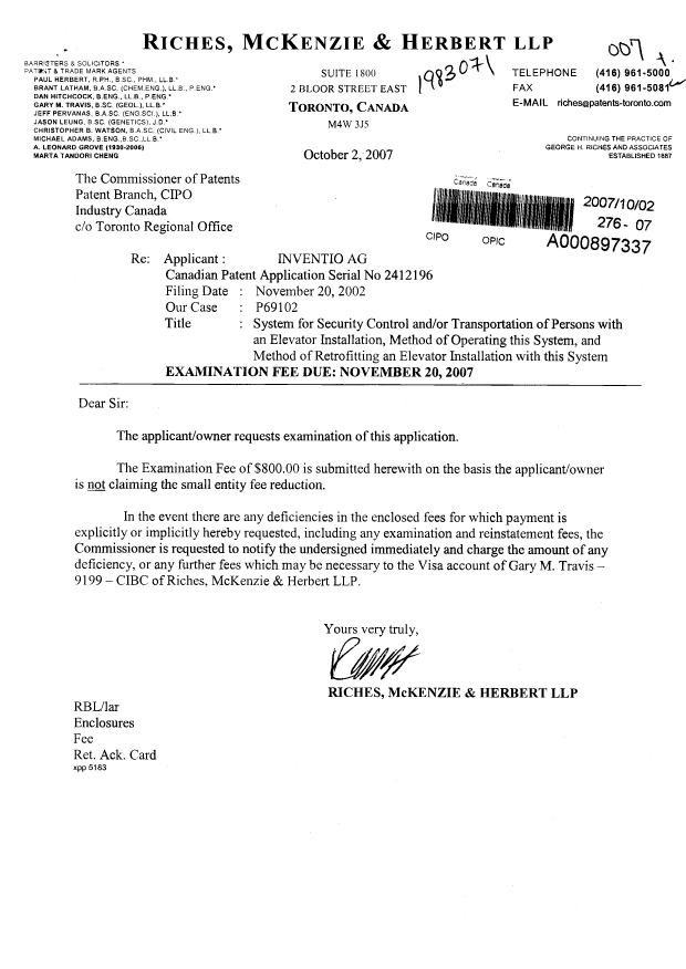 Document de brevet canadien 2412196. Poursuite-Amendment 20071002. Image 1 de 1