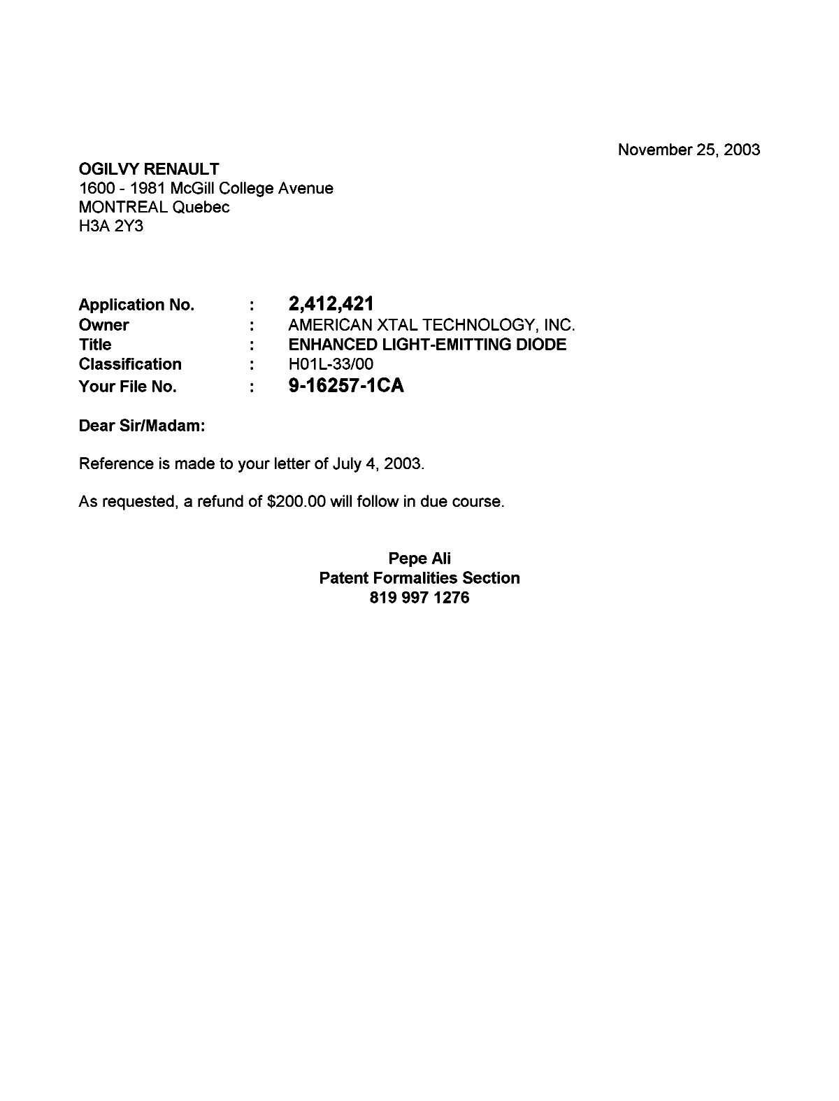 Document de brevet canadien 2412421. Correspondance 20031121. Image 1 de 1