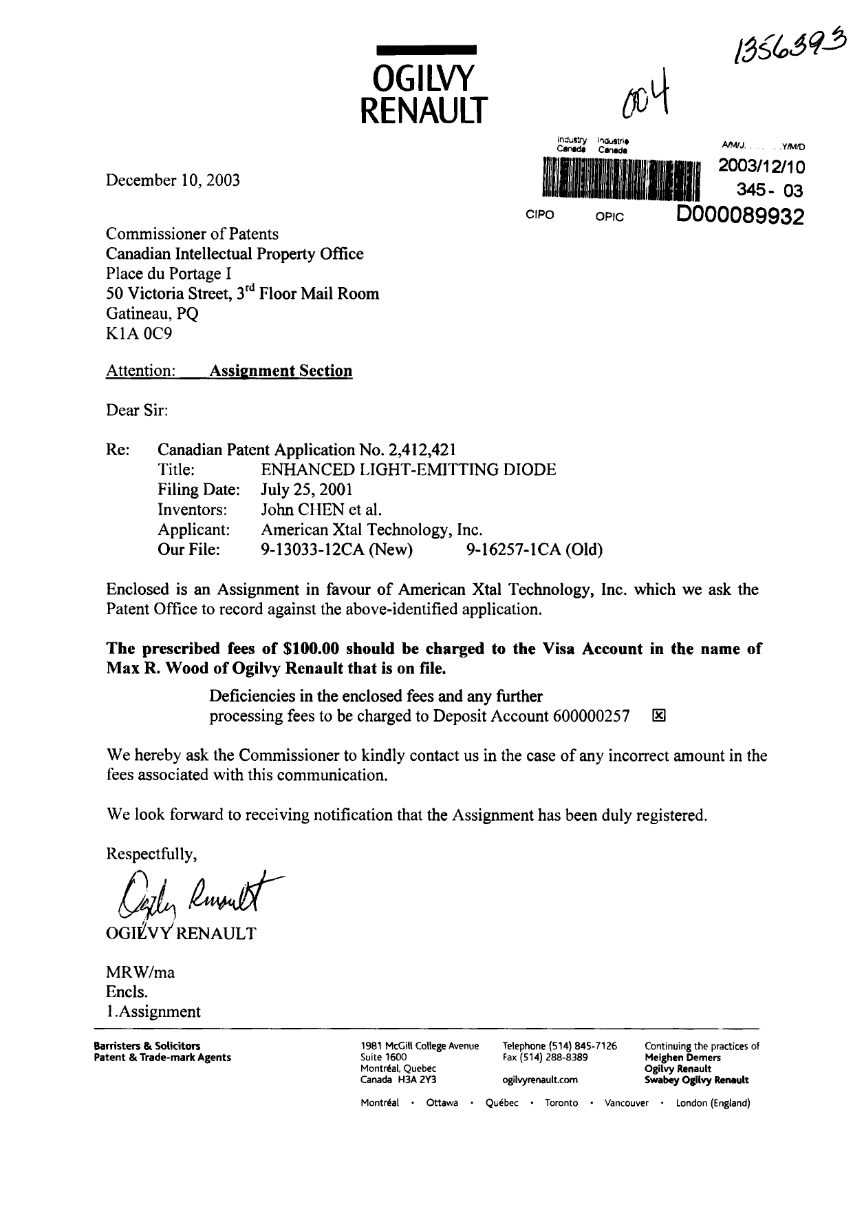 Document de brevet canadien 2412421. Cession 20031210. Image 1 de 4