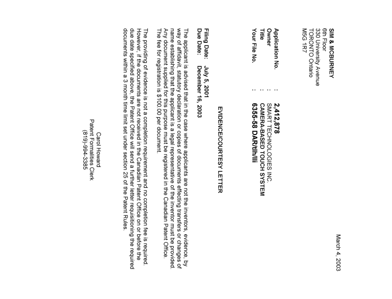 Document de brevet canadien 2412878. Correspondance 20030226. Image 1 de 1