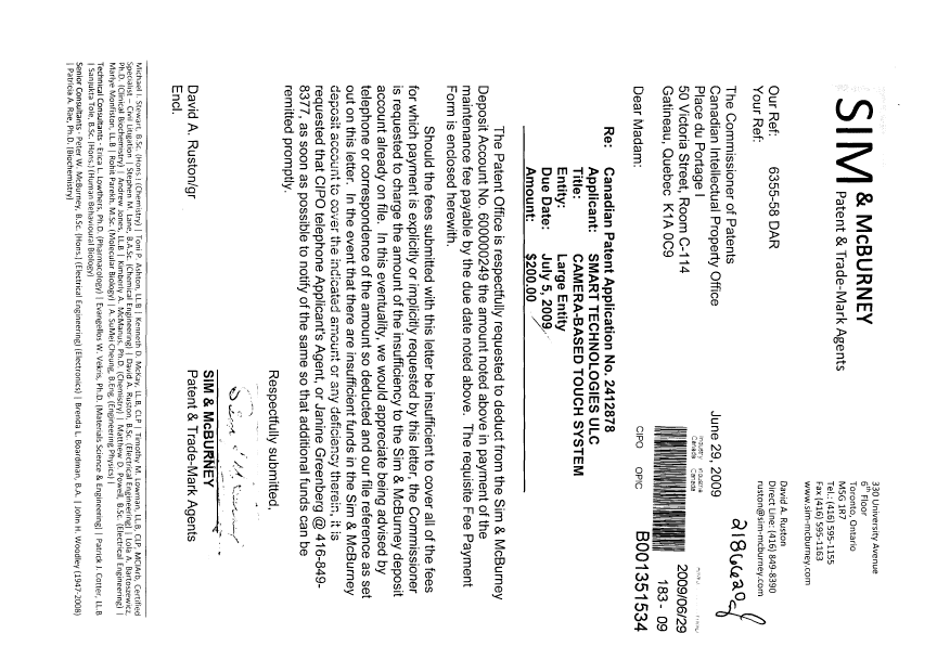 Document de brevet canadien 2412878. Taxes 20090629. Image 1 de 1