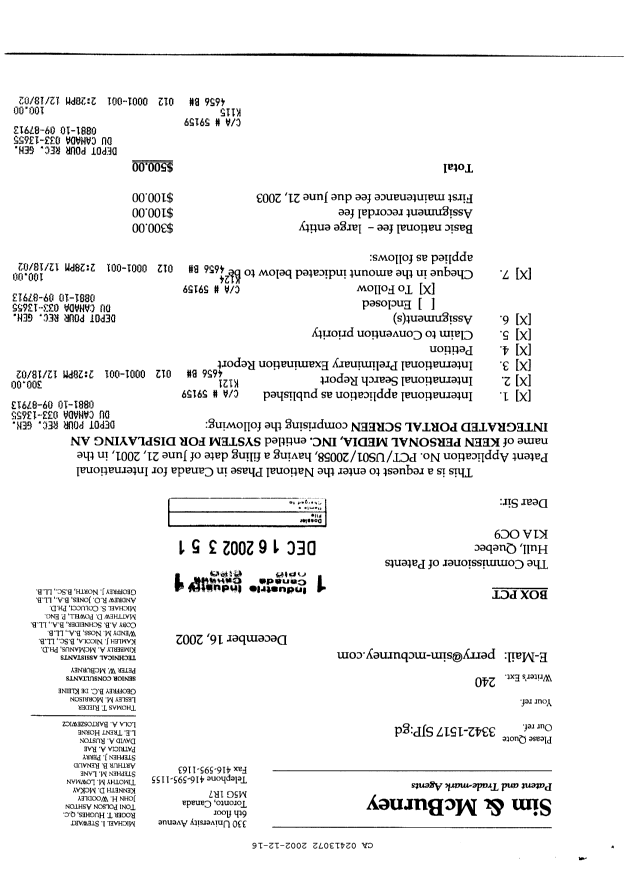 Document de brevet canadien 2413072. Cession 20021216. Image 1 de 3
