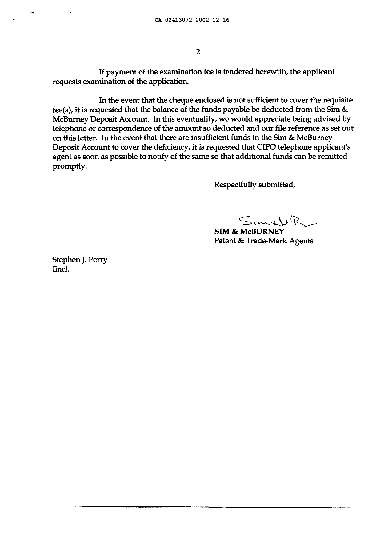 Document de brevet canadien 2413072. Cession 20021216. Image 2 de 3