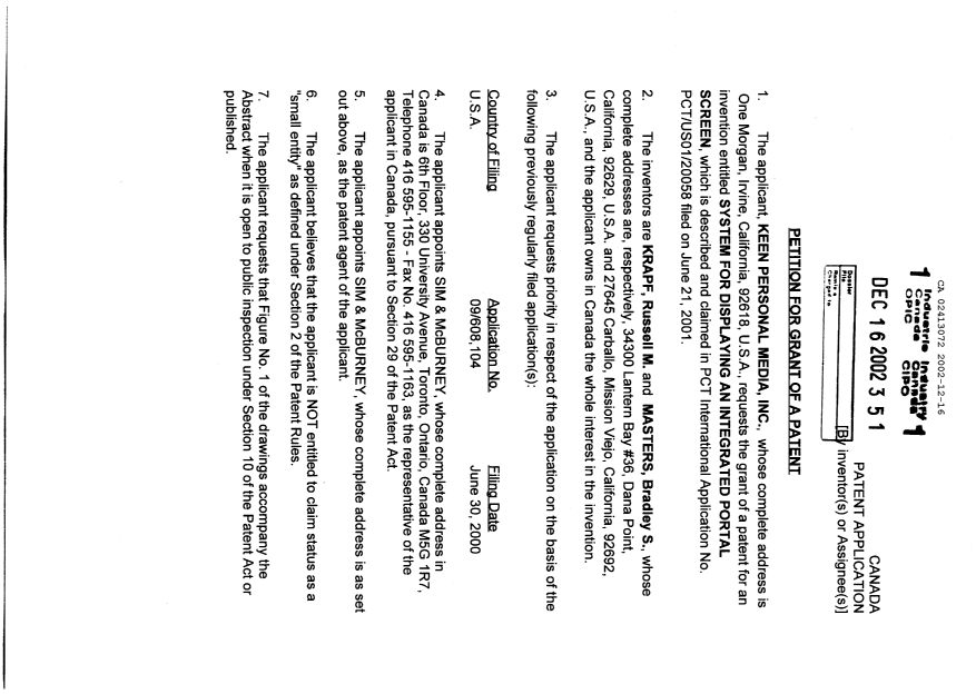 Document de brevet canadien 2413072. Cession 20021216. Image 3 de 3