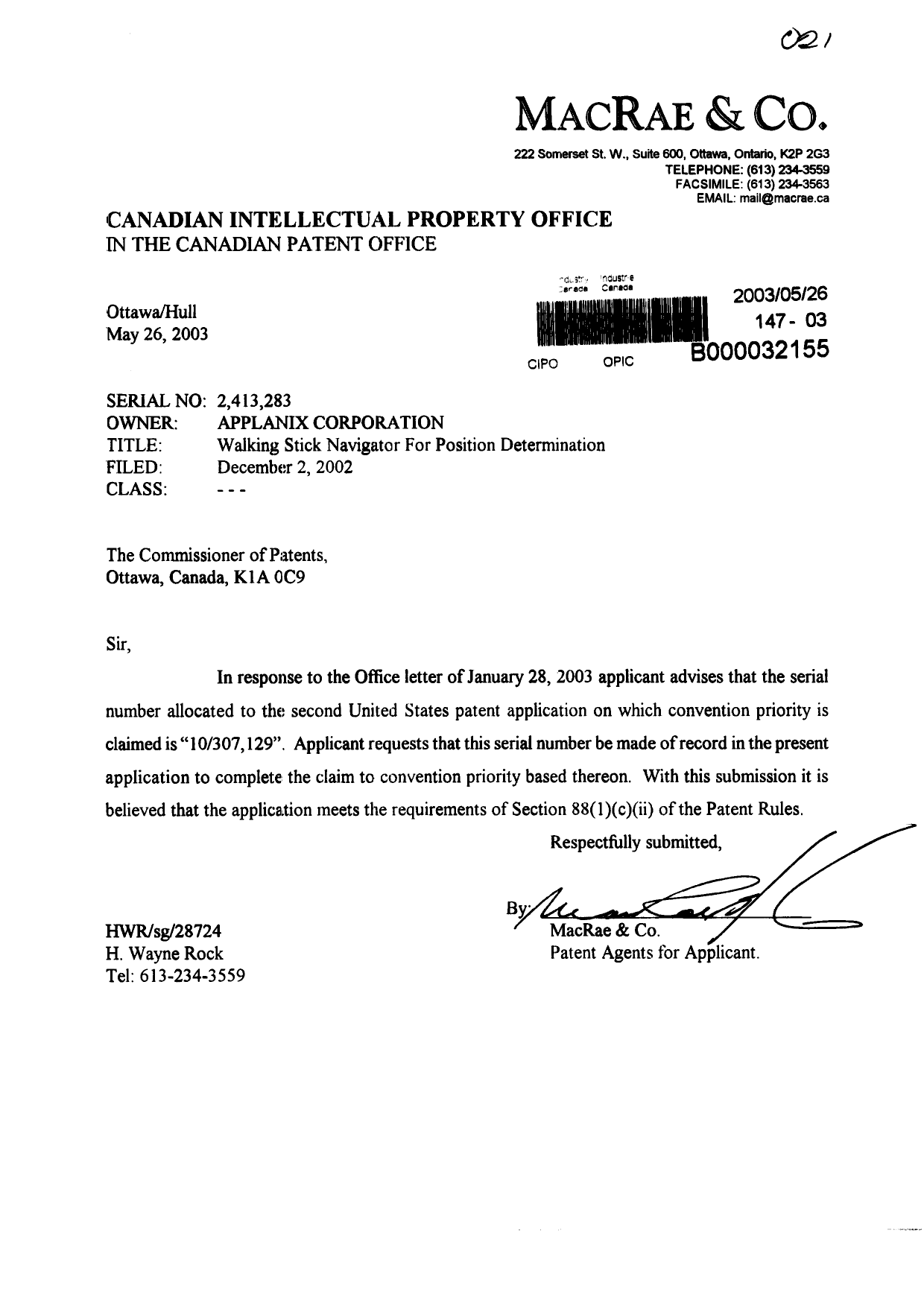 Document de brevet canadien 2413283. Correspondance 20030526. Image 1 de 1