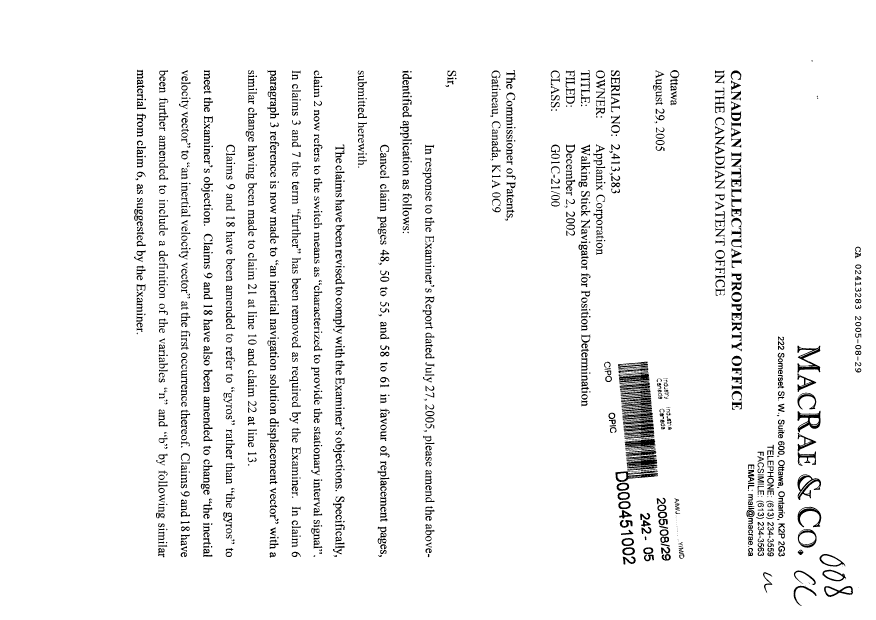 Document de brevet canadien 2413283. Poursuite-Amendment 20050829. Image 1 de 13