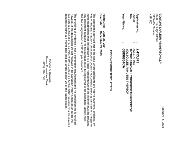 Document de brevet canadien 2413673. Correspondance 20021205. Image 1 de 1