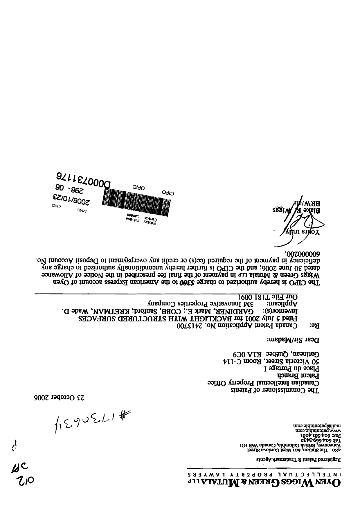 Canadian Patent Document 2413700. Correspondence 20061023. Image 1 of 1