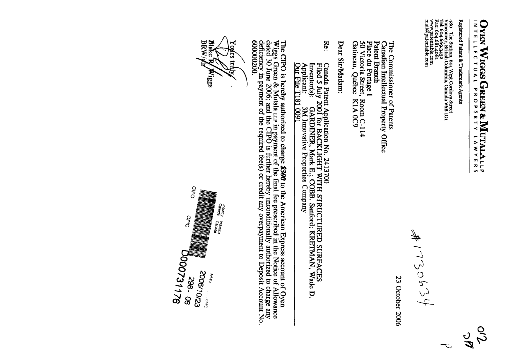Document de brevet canadien 2413700. Correspondance 20061023. Image 1 de 1