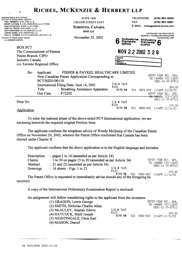 Document de brevet canadien 2413938. Cession 20021122. Image 1 de 4