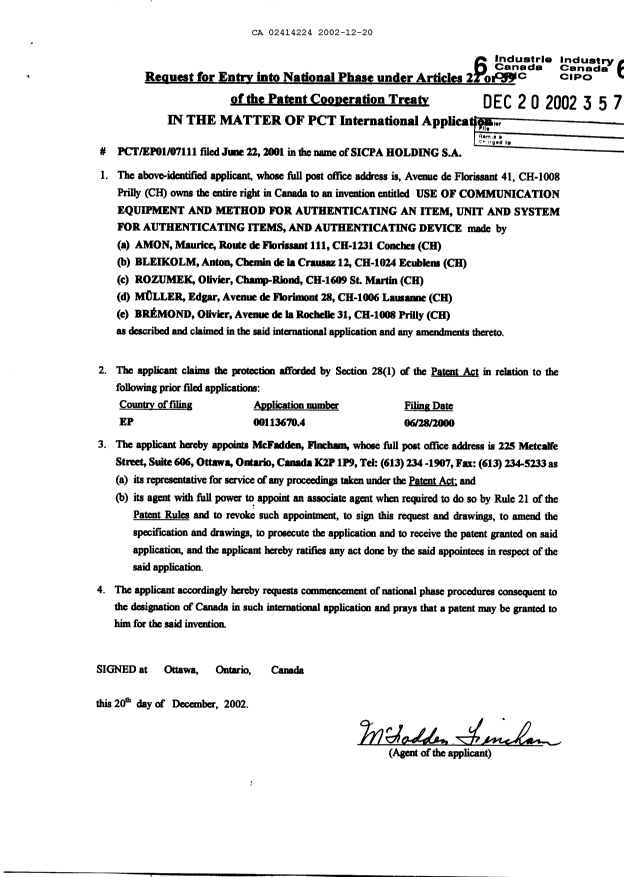 Document de brevet canadien 2414224. Cession 20021220. Image 2 de 2