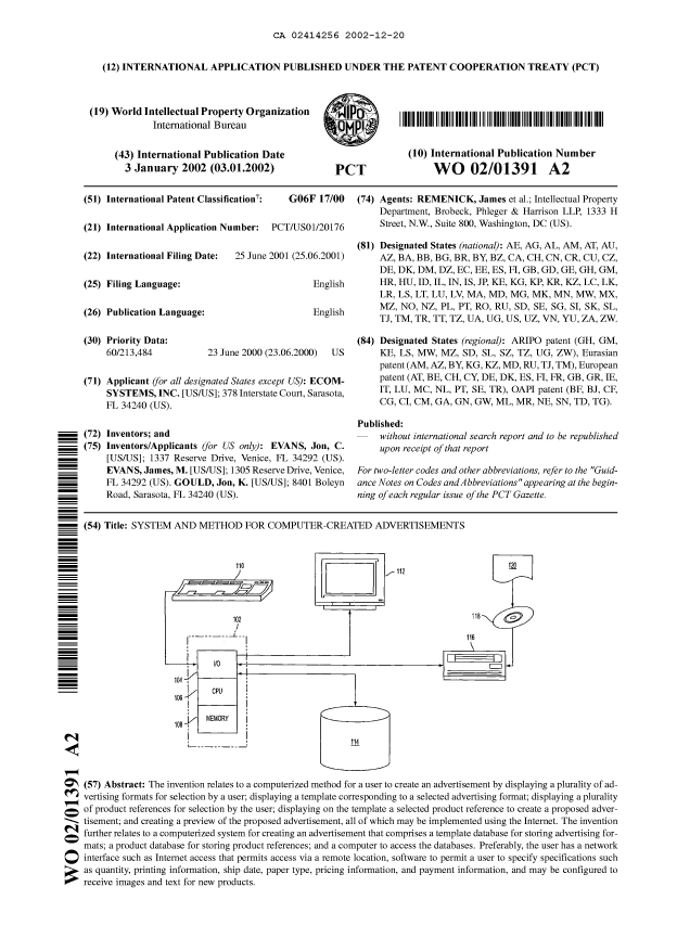 Document de brevet canadien 2414256. Abrégé 20021220. Image 1 de 1