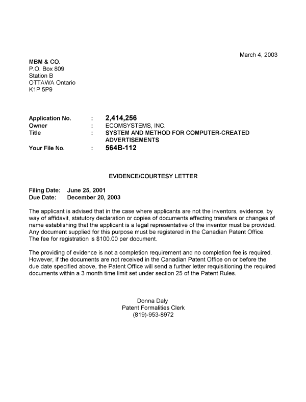 Canadian Patent Document 2414256. Correspondence 20030228. Image 1 of 1