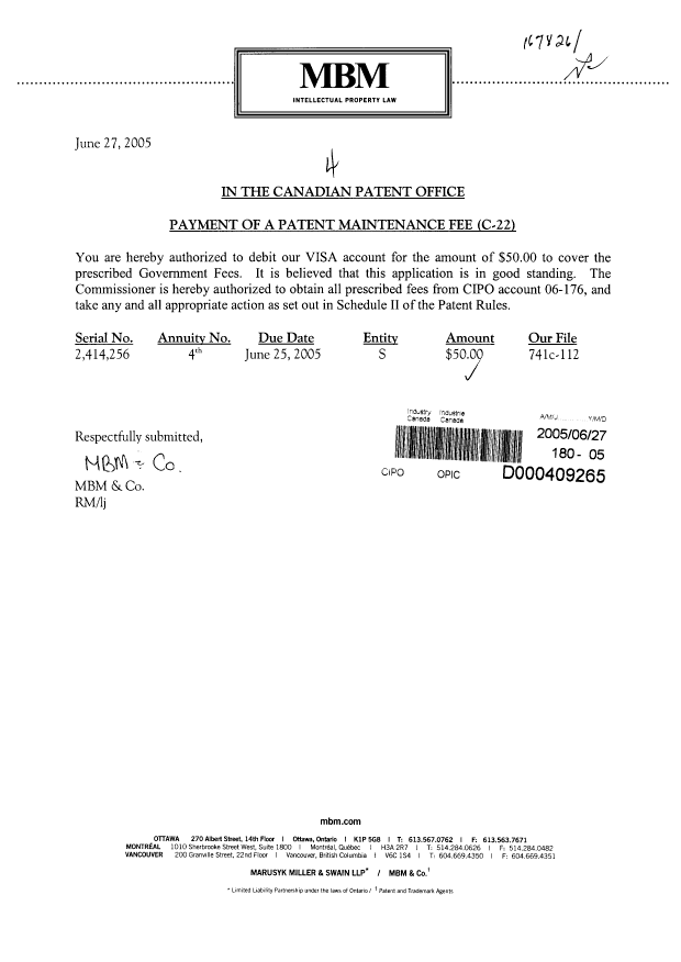 Document de brevet canadien 2414256. Taxes 20050627. Image 1 de 1