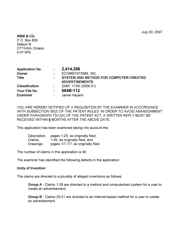 Canadian Patent Document 2414256. Prosecution-Amendment 20070720. Image 1 of 5