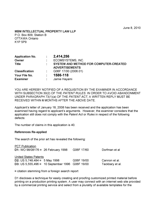 Canadian Patent Document 2414256. Prosecution-Amendment 20100608. Image 1 of 4