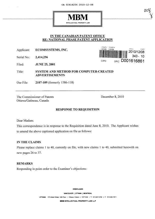 Canadian Patent Document 2414256. Prosecution-Amendment 20101208. Image 1 of 18