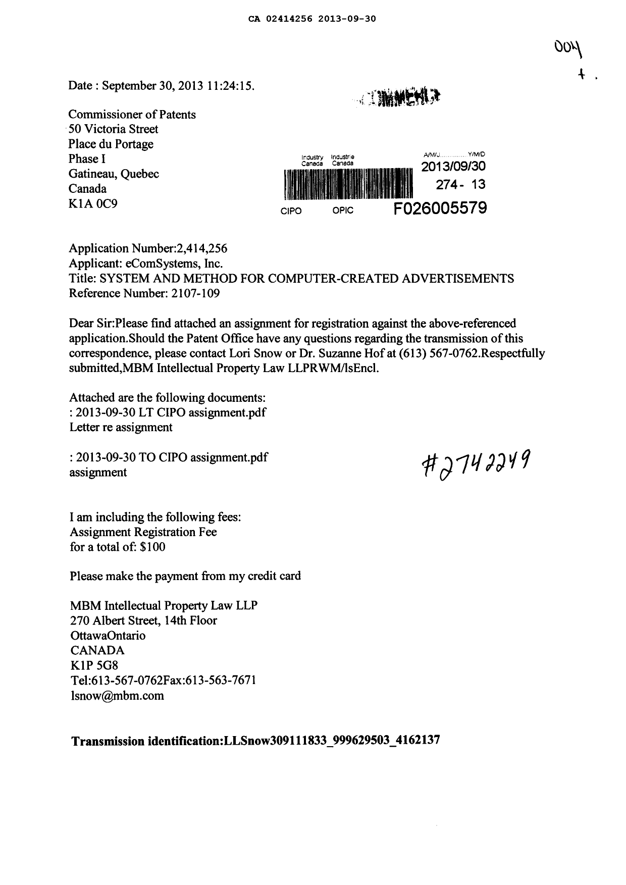 Canadian Patent Document 2414256. Assignment 20130930. Image 1 of 6