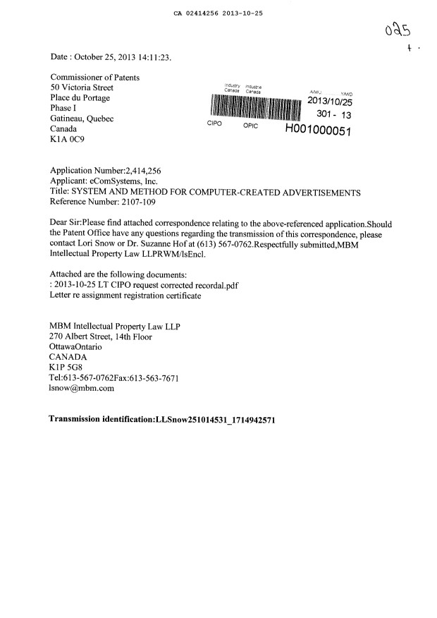 Canadian Patent Document 2414256. Assignment 20131025. Image 1 of 3