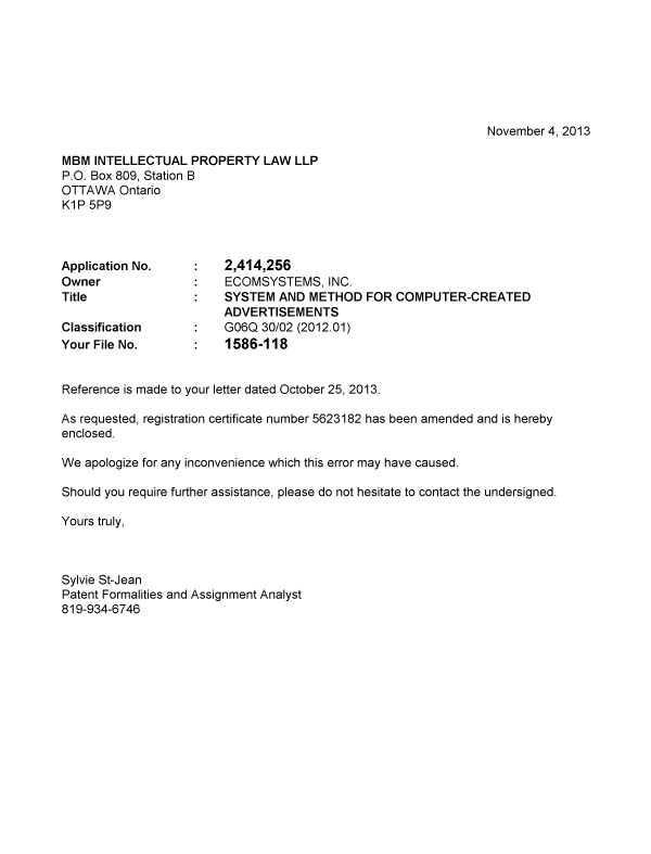 Canadian Patent Document 2414256. Correspondence 20131104. Image 1 of 1