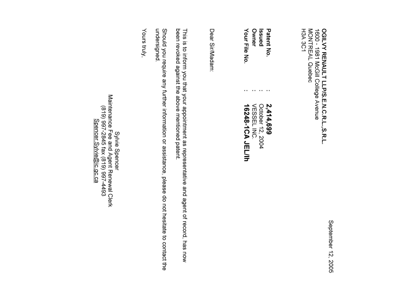 Document de brevet canadien 2414699. Correspondance 20050912. Image 1 de 1